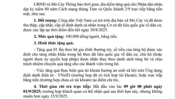 Thông báo thời gian, địa điểm tặng quà cho Nhân dân nhân kỷ niệm 80 năm Cách mạng tháng Tám và Quốc khánh 2/9.